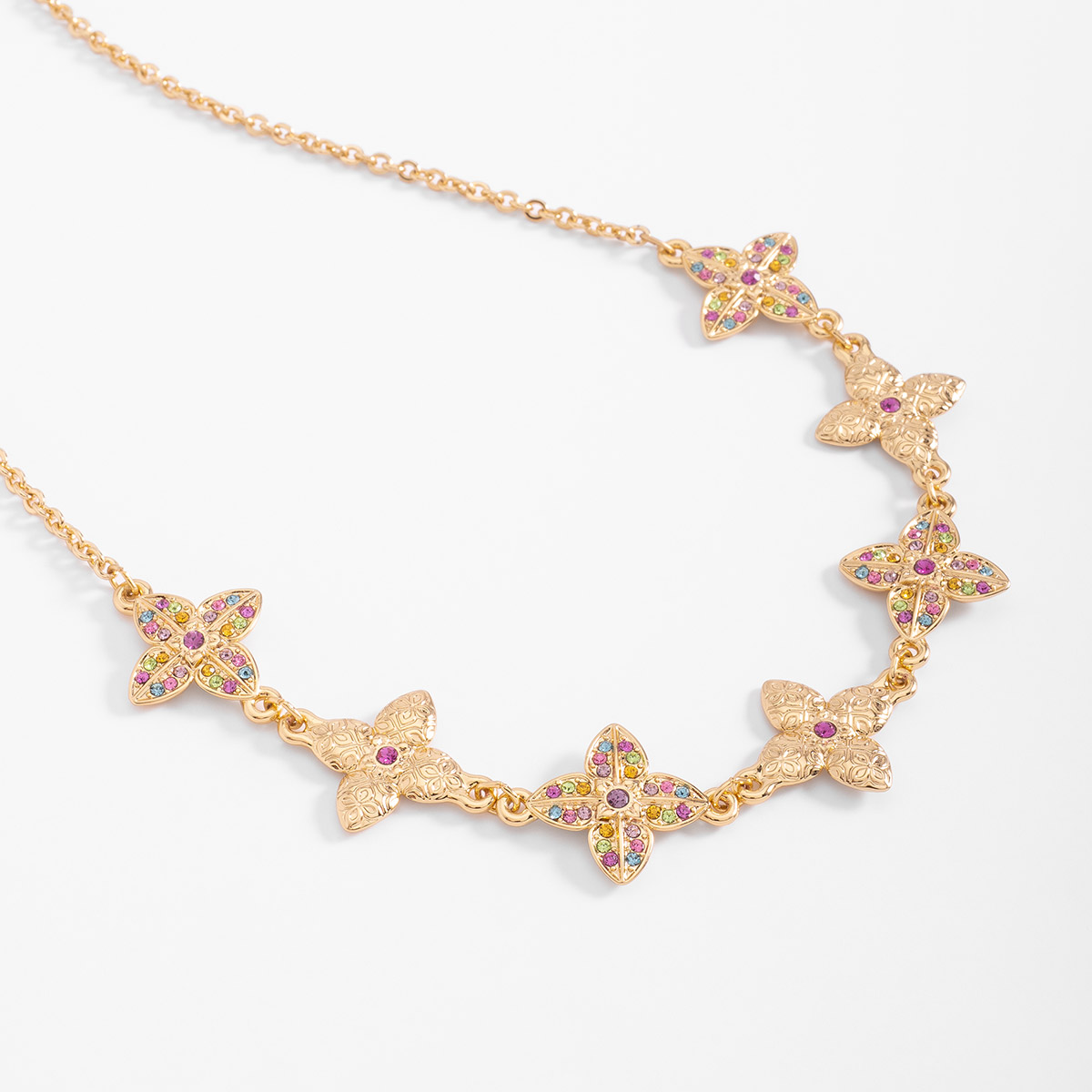 Collar en baño de oro mariposas con piedras multicolor 42 cm + 10 cm