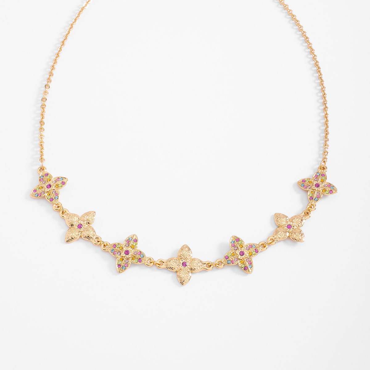 Collar en baño de oro mariposas con piedras multicolor 42 cm + 10 cm