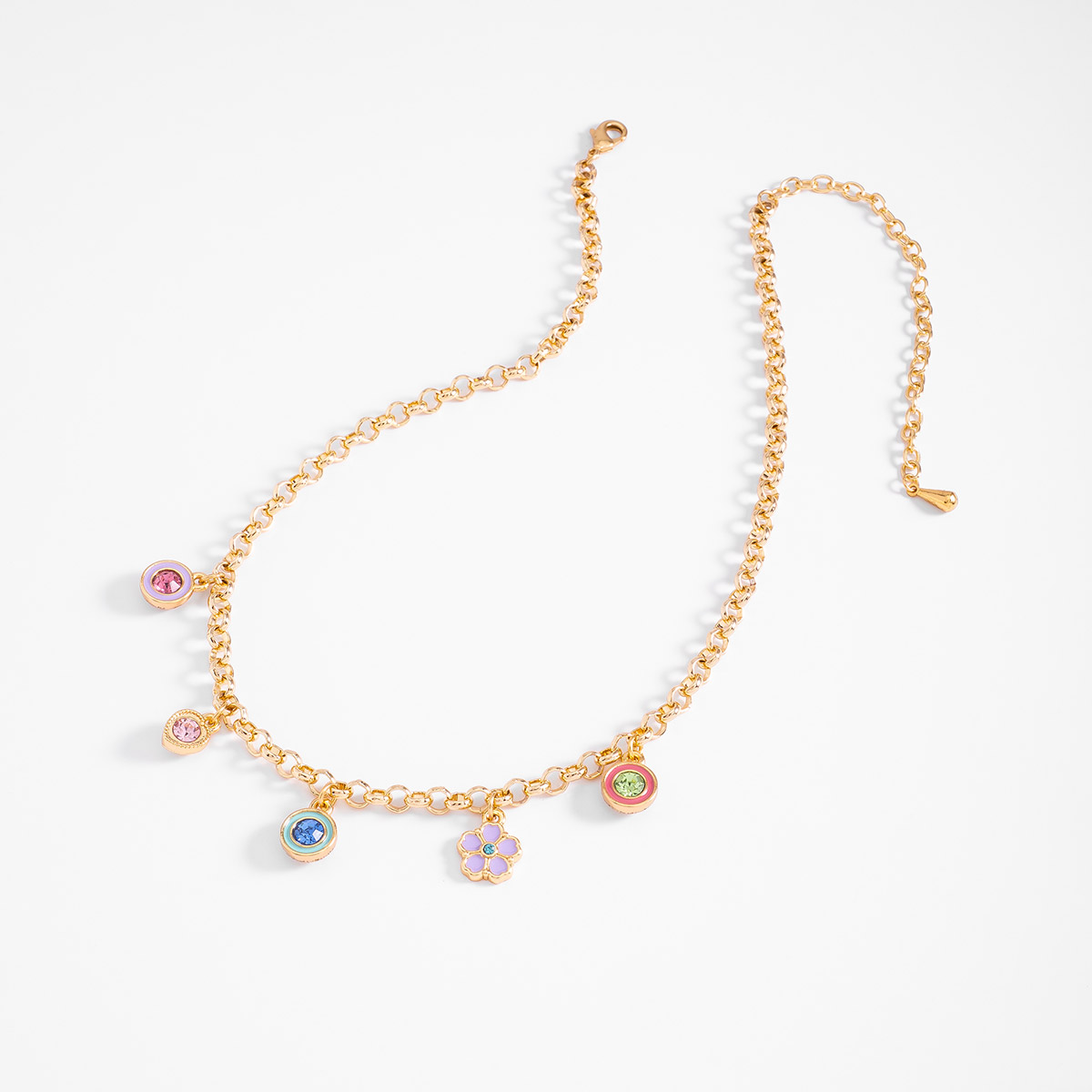 Collar en baño de oro dijes coloridos y flor esmalte pastel