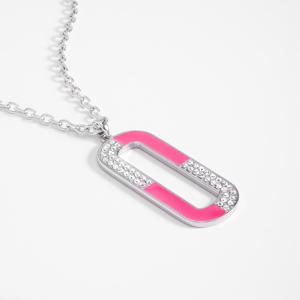 Collar en baño de rodio dije ovalado esmalte rosa 80 cm