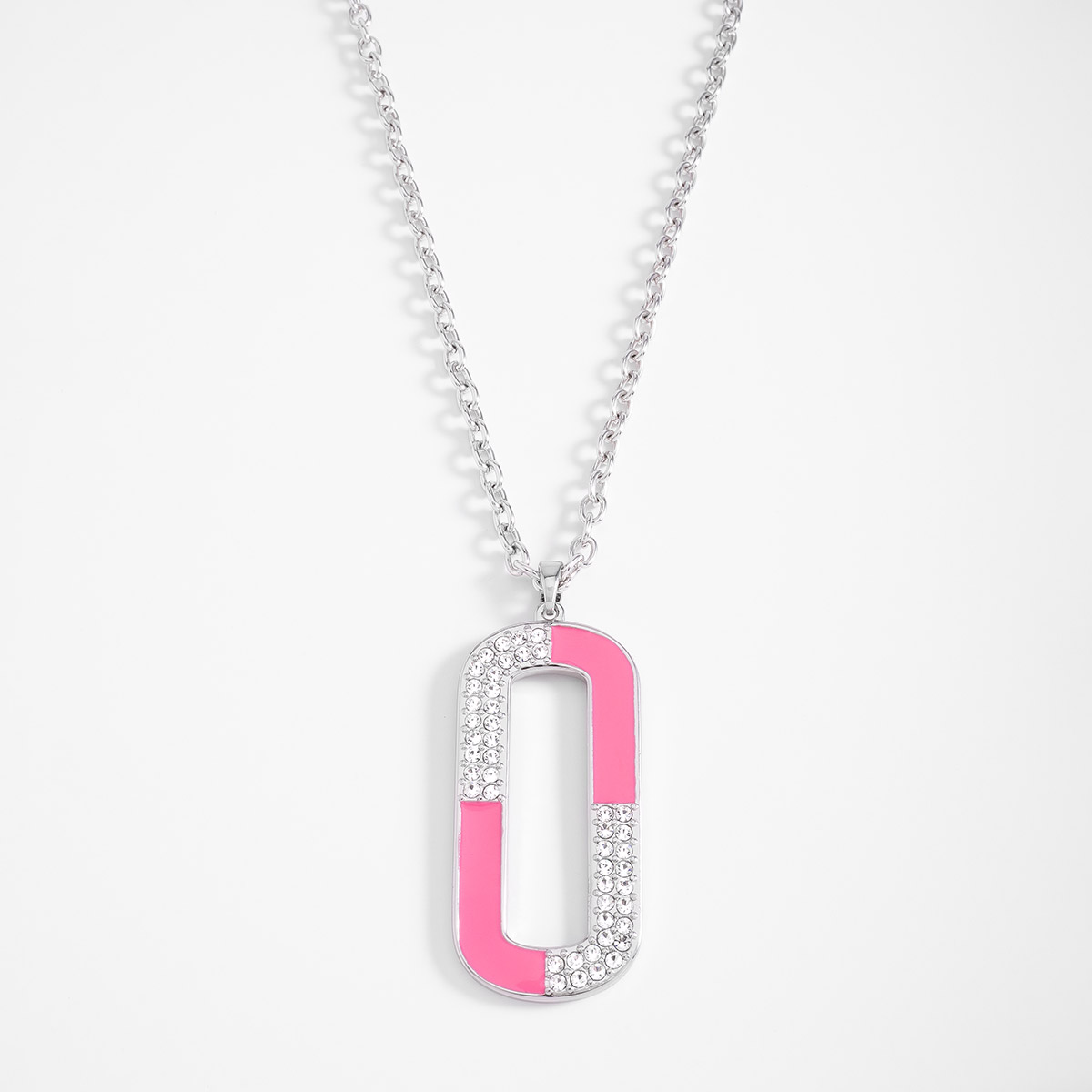 Collar en baño de rodio dije ovalado esmalte rosa 80 cm