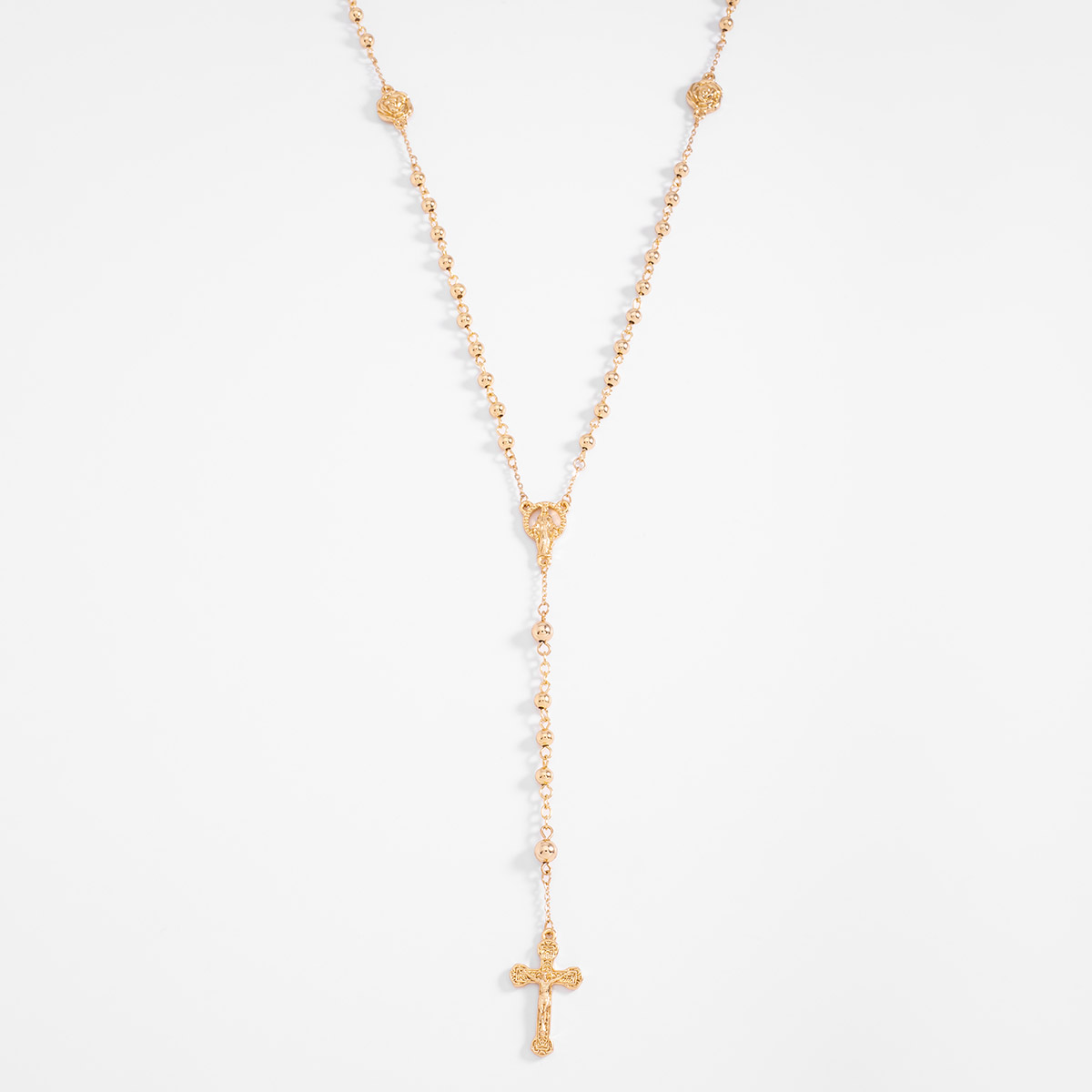 Collar rosario largo en baño de oro con cuentas y cruz 47 cm