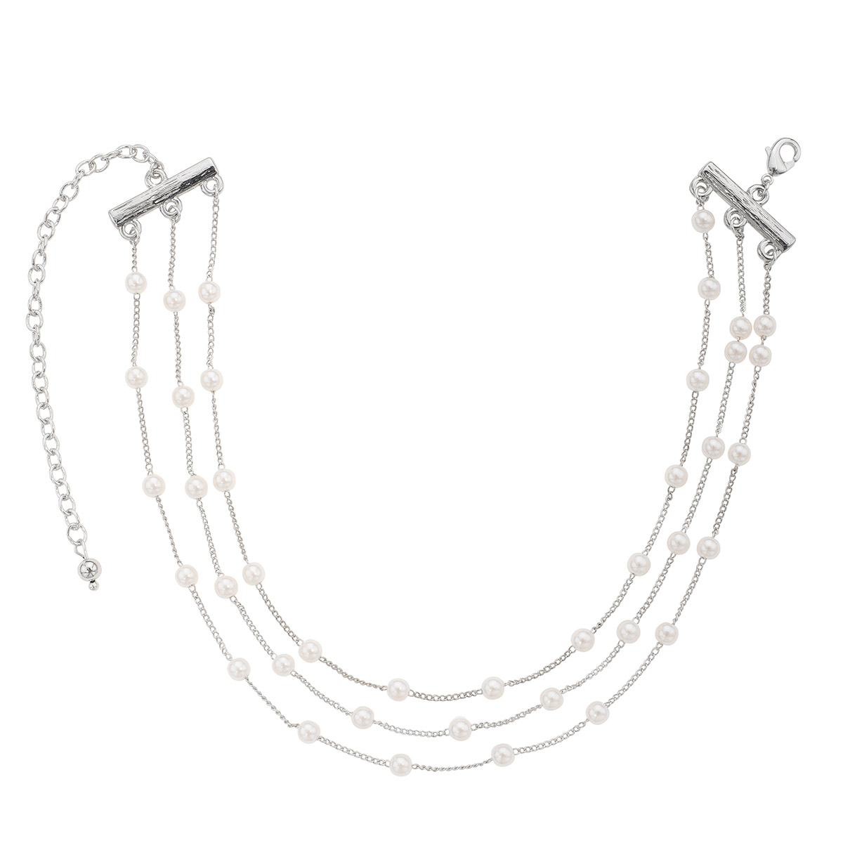 Collar a tres cadenas, con perlas en tono cream.
-Collar
-32 cm + 10 cm ext.
-Baño de platino
-Perlas en tono cream