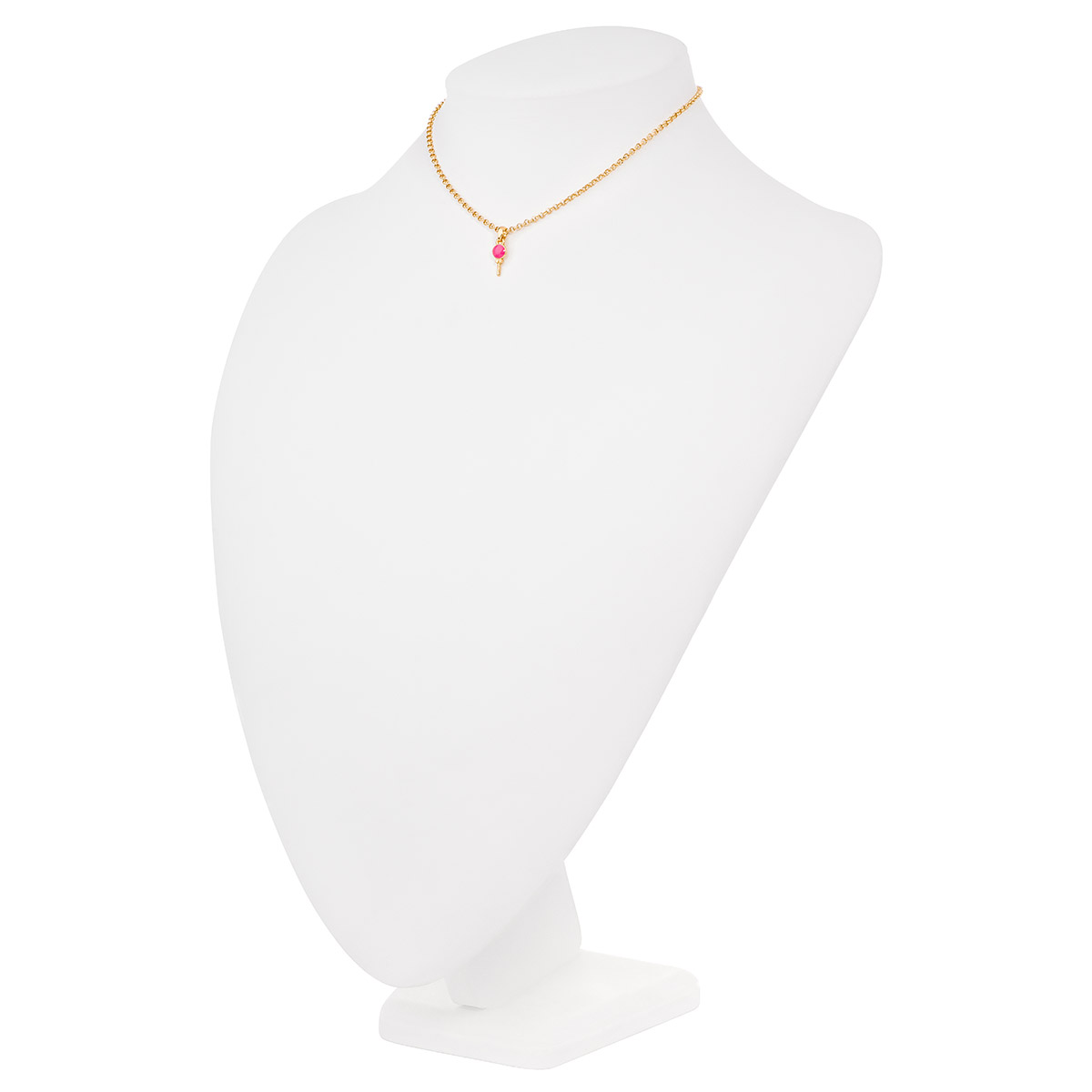 Un collar que las más peques del hogar amarán; con un dije en forma de paleta con esmalte en tono fucsia.
-        Collar con dije
-        34 cm + 5 cm ext.
-        Baño de Oro 18k
-        Esmalte en tono fucsia
