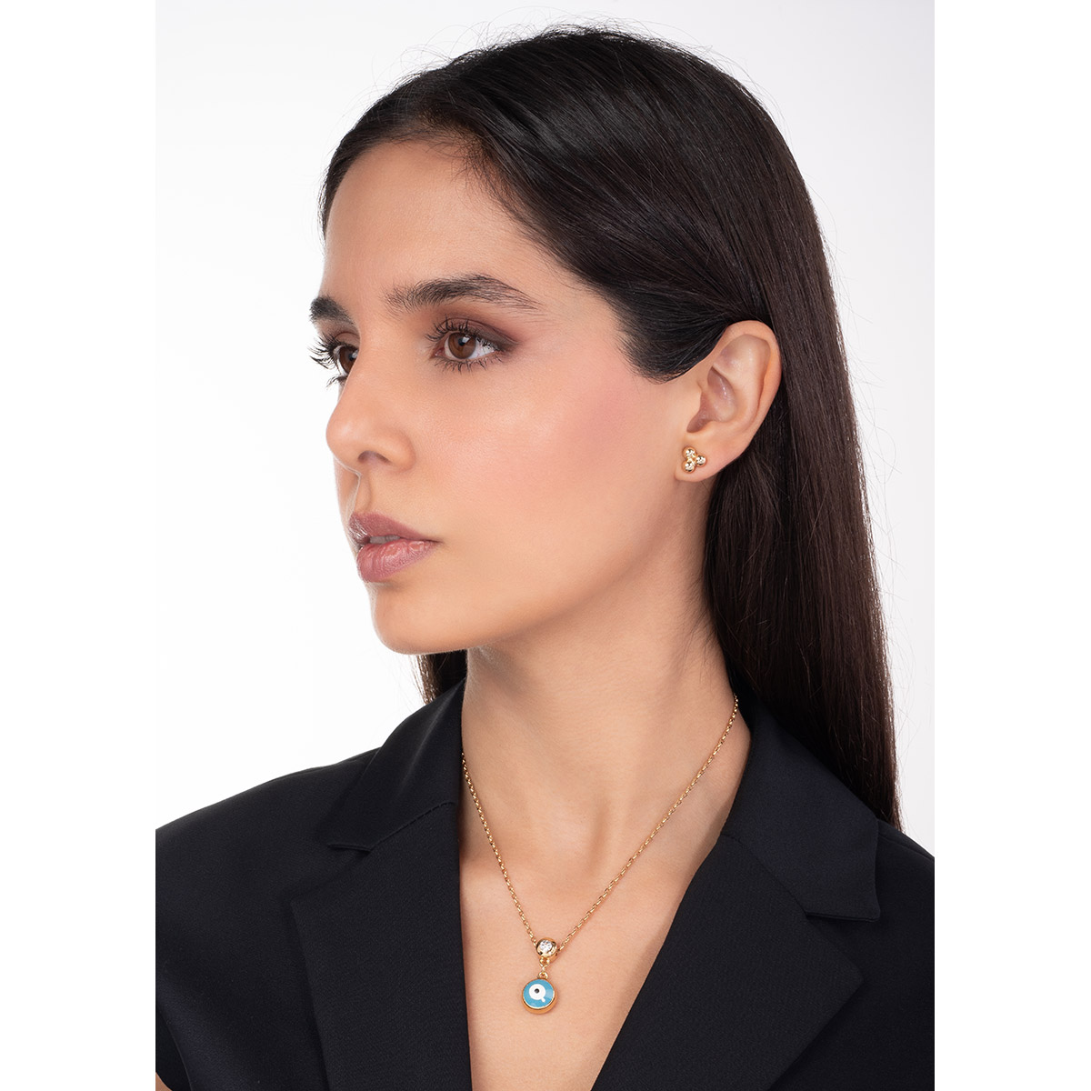 Collar en baño de oro dije ojo azul esmaltado y piedra brillante