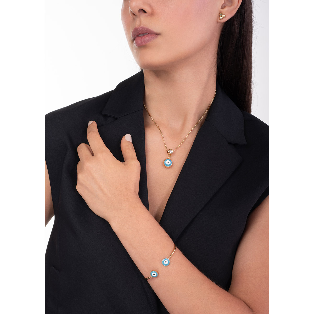 Collar en baño de oro dije ojo azul esmaltado y piedra brillante