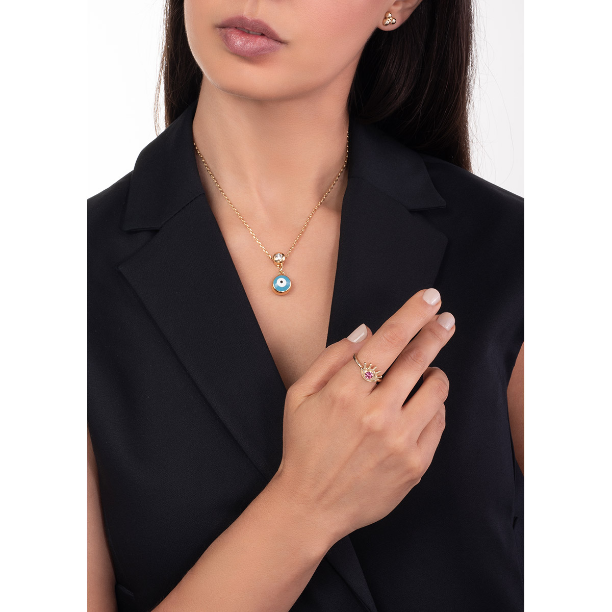 Collar en baño de oro dije ojo azul esmaltado y piedra brillante