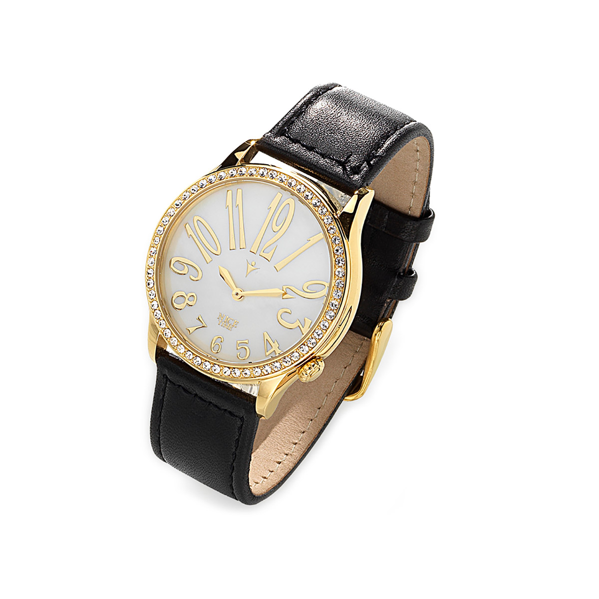 Reloj con correa de piel negra, con carátula de acero inoxidable en tono oro, centro blanco.
