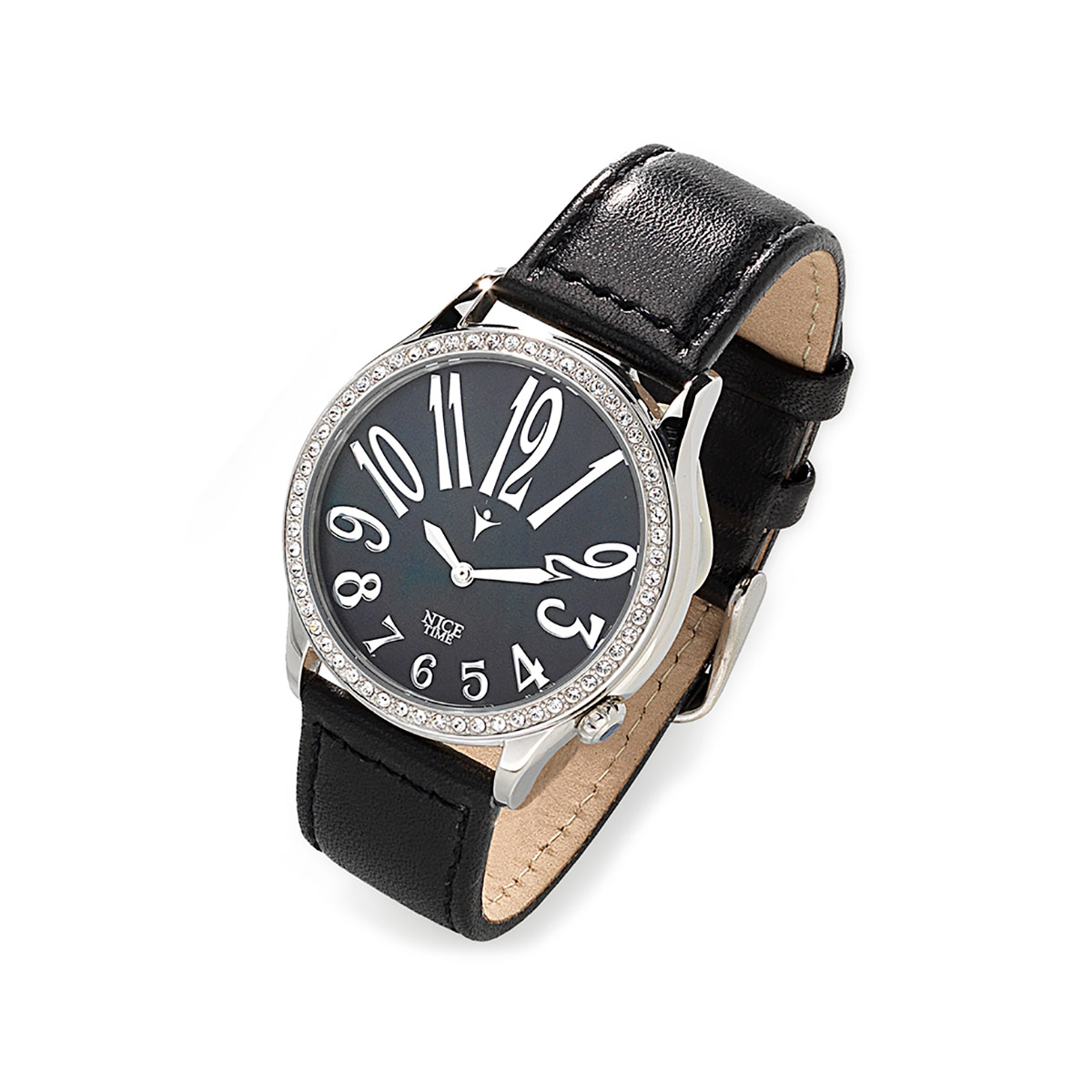 Reloj con correa de piel negra, con carátula de acero inoxidable en tono platino, centro negro.